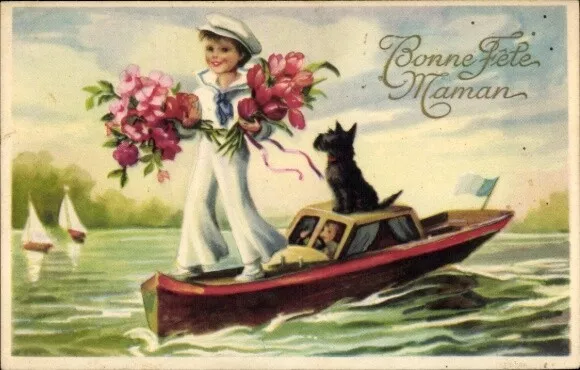 Ak Glückwunsch Muttertag, Seemann mit Blumen, Motorboot, Terrier - 4205935