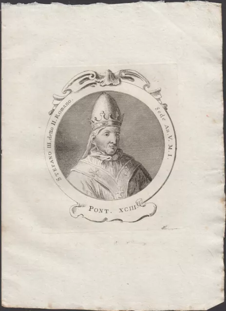 Stampa incisione Papa Stefano III detto II Romano Pont. XCIII 1775
