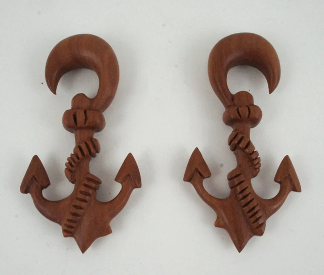 Pair Handmade Organic Wood Anchor Chain Wrapping Ear Gauge Hanger Plug 2G-9/16"