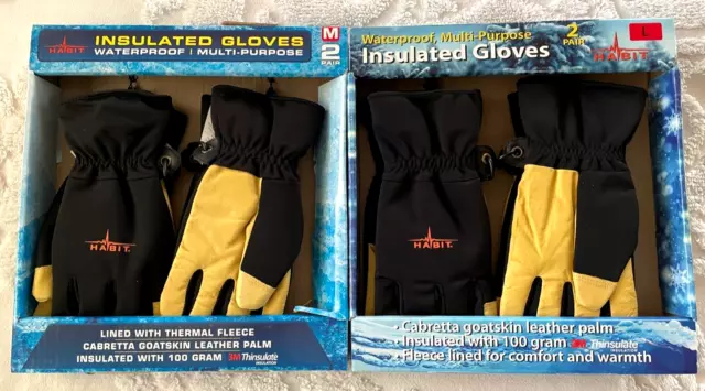 NEW 2 Pair HABIT THINSULATE 3M Gloves Waterproof, Thermal, Fleece, Leather Palm