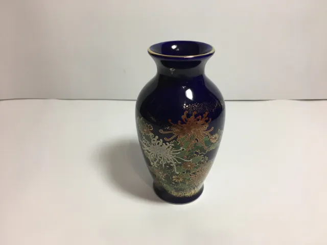 Colbalt Blue Porcelain Vase with flowers hand painted unsigned Japan 6" Vintage 