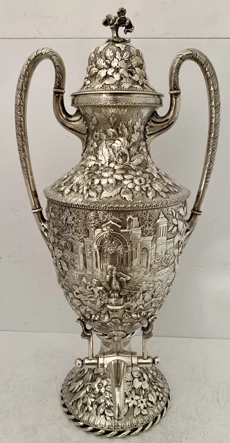 Kirk Early Sterling Architectural Landscape Repousse Hot Water, Tea Urn 1861-68