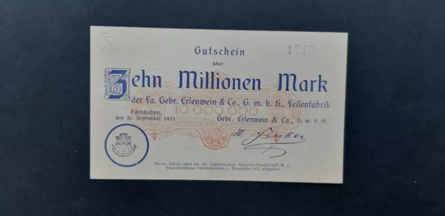 K1231b Notgeldschein Gebr. Erlenwein & Co.GmbH  Edenkoben 10 Mio Mk 20.9.1923