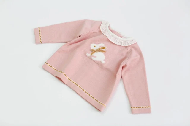 Baby Girl Bunny Print Pattern Ruffle Neck Long Sleeved Knitted Sweater