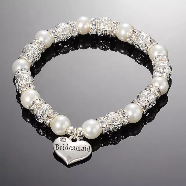 White Glass Pearl & Rhinestone Heart Wedding Charm Bracelet,Choice of 10 Designs