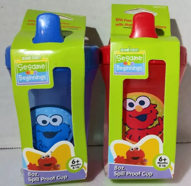 Lot of 2 New Sesame Street Beginnings Cookie Monster & Elmo 8oz Spill Proof Cups