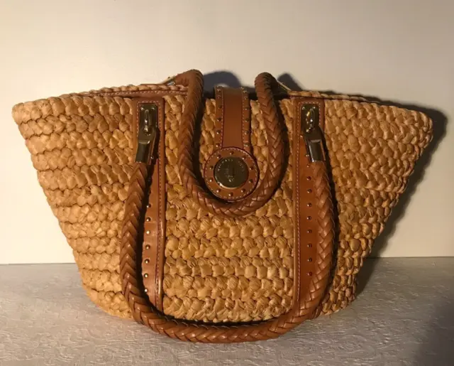 Michael Kors large tote shoulder purse in straw & brown  gen. leather