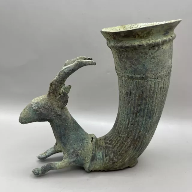 Beautiful Ancient Near East Bronze Rhyton Vessel With Ram Head Circa 500 Bc