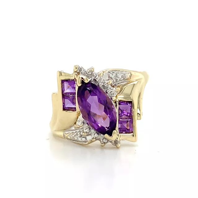 10k Yellow Gold Marquise & Step Cut Amethyst W/ Round Diamond Ring Size 9