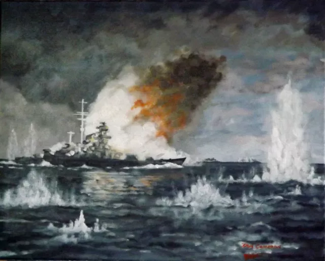 NEW DON CAMERON ORIGINAL "Bismarck Fires On The Hood" ww2 navy boat oil PAINTING