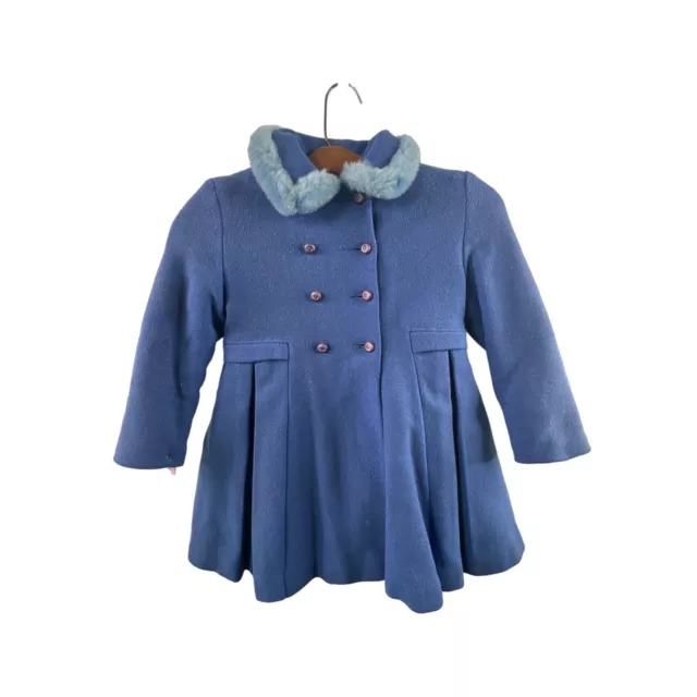 Vintage 60s Double Breasted Wool Dress Coat Girls 7 Blue Long Sleeve Winter