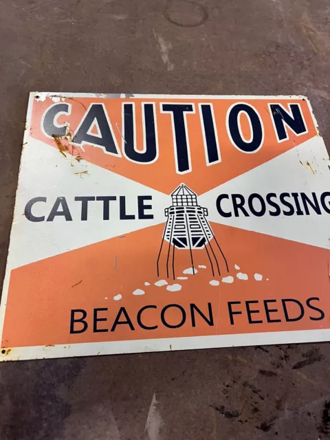 Caution Beacon Feed Sign Vintage Antique Dairy Cattle Ranch Barn Cow Oil Can