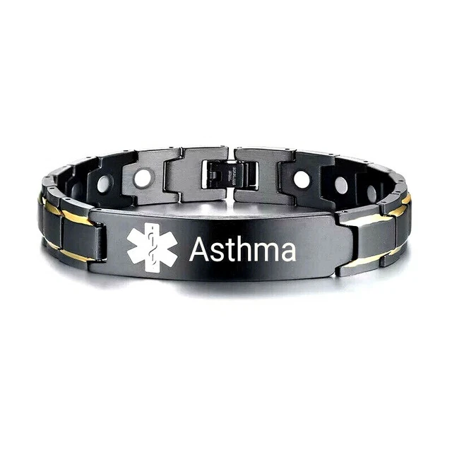 Pulsera Asma Alerta Médica 21,5 cm Salud Asmática Acero Inoxidable Negro Oro