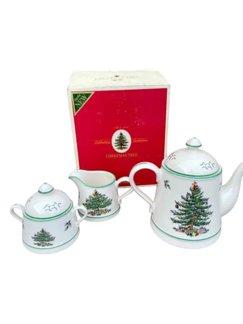 Spode Christmas Tree 3 Piece Tea Set Teapot Sugar & Creamer - Original Box