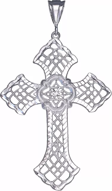 Large Sterling Silver Cross without Jesus Pendant Necklace with Diamond Cuts