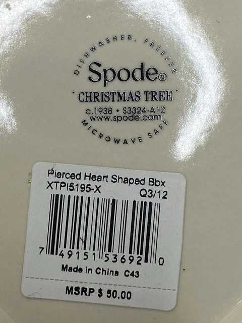 SPODE Christmas Tree Pierced Heart Shaped Porcelain Trinket Jewelry Box w/Lid 6
