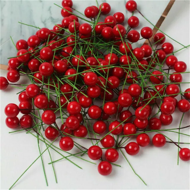 100X Red Berries Artificial Fake Fruits Christmas Craft Holly Berry Pick Decor