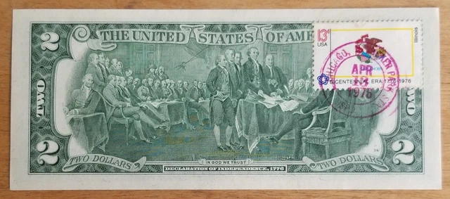 1976 $2 Federal Reserve Note Green Seal Bicentennial "STAMPED" in 1976 Chicago
