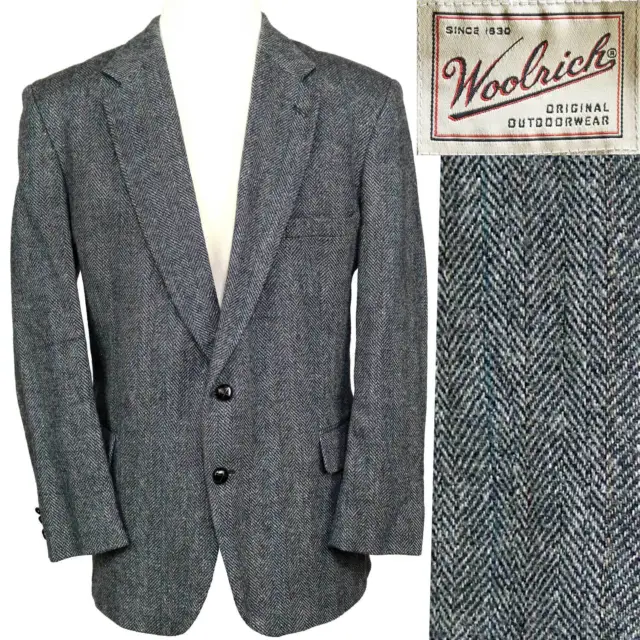 Vintage Woolrich Sport Coat Suit Jacket Gray Herringbone Stripe Wool Tweed 46 R