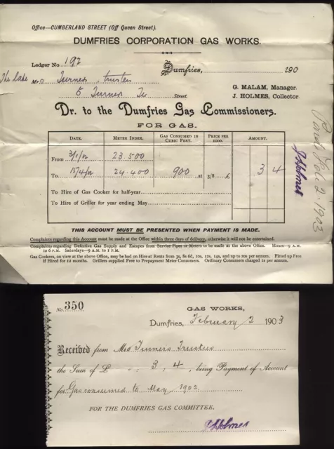 1903 DUMFRIES GAS WORKS Receipt & ACCOUNT