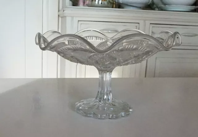 Vintage Pressed Glass Cake Stand Tazza Comport  22.5cm diameter Wavy Fluted