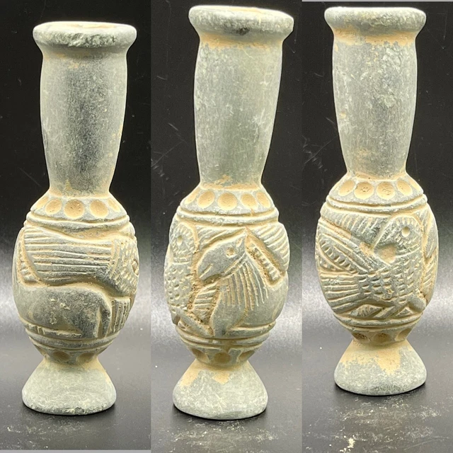 Large Piece Near Eastern Old Stone Carved Decorated Bottle With Animals Figures
