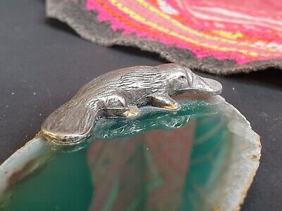Old Australian Gem Stone Slice Paper Weight with Silver Platypus  …beautiful col