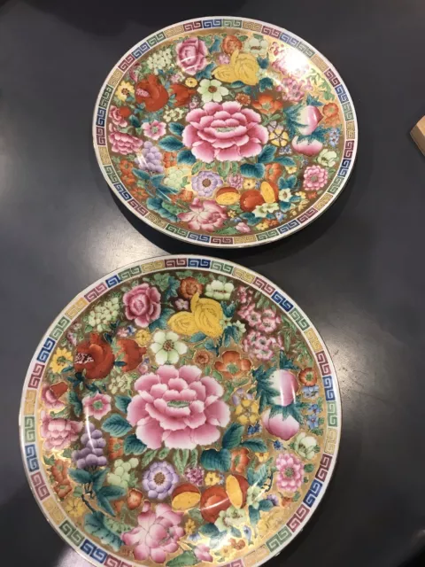 Vintage Chinese Hand Painted Floral & Gold Plates Millefleur (2)