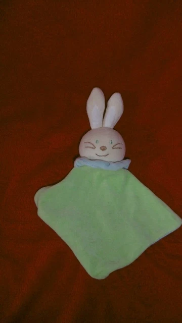 Doudou Plat  Bengy Lapin  Beige Vert Col Bleu Dessous Rayé Bleu