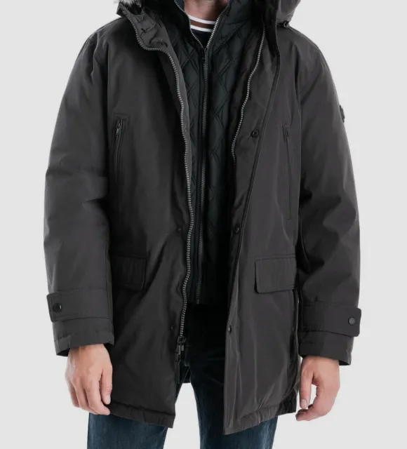 $429 Michael Kors Men's Brown Bib Faux-Fur Trim Snorkel Parka Coat Jacket Size L