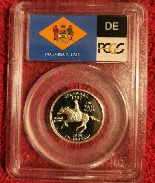 1999 silver Delaware statehood quarter PCGS PR 69 DCAM (flag label)