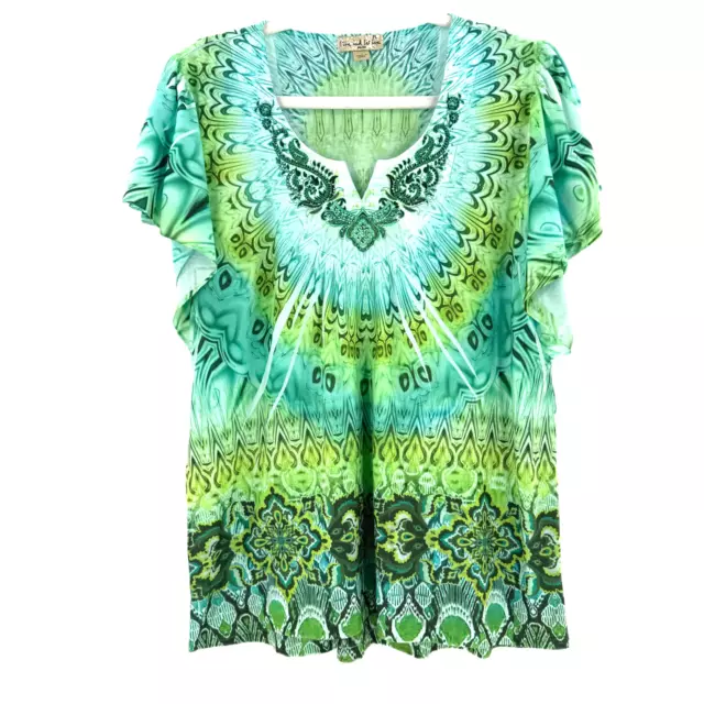 Live Let Live Embellished Starburst Peasant Boho Blouse Womans Large Petite Teal