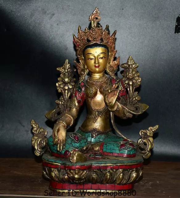 12.8" Old Tibet Buddhism Bronze Turquoise red coral Green Tara Goddess Statue