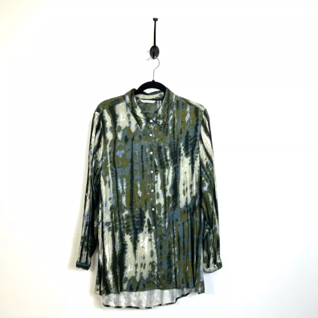 Women’s Soft Surroundings 2X Button Down Top Green Tie Dye Watercolor Rayon