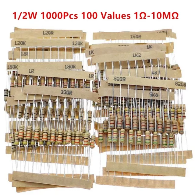 1000Pcs 100 Values 1/2W 0.5W Carbon Film Resistors Assortment kit 1-10M Ohm Ω