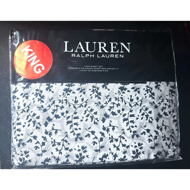 Lauren Ralph Lauren Eva Leaf King Sheet Set White Grey 100% Cotton $300 NEW