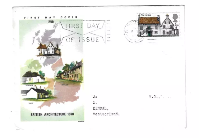 GB – 1970 FDC by Philart, Rural Architecture 5d stamp, Slogan FDI & Paddington W