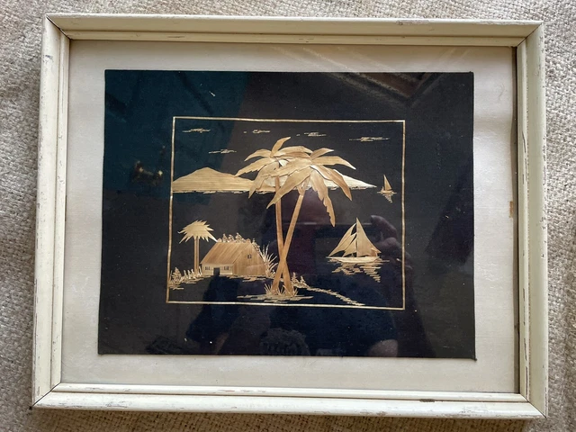 Framed BOAT HUT & PALM TREES SCENE Rice Straw Art Tiki Bamboo Picture