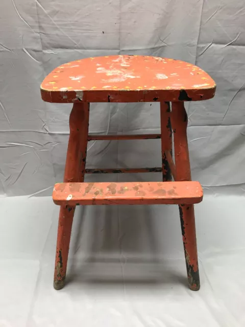 Antique Shabby Country Orange/Black VTG Stool Planter Stand Old Chic 817-23B