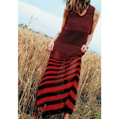 Zara Campaign Collection Linen Crochet Striped Maxi Dress Red Medium