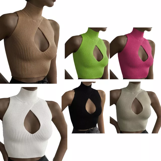 Womens Keyhole Crop Top Sexy Sleeveless O ring Back Blouse Slim Fitted Knitwear