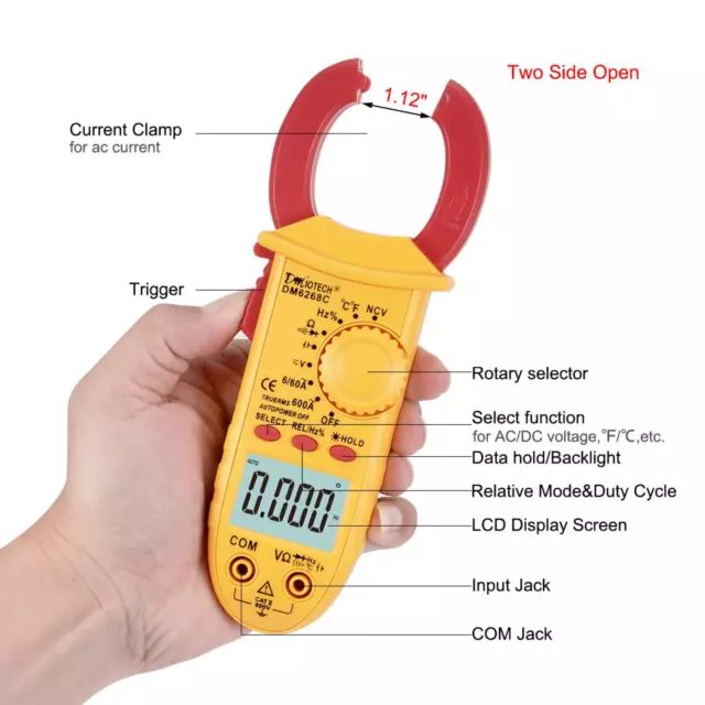 DM6268C Numérique Pince Multimètre Ampèremètre Tension ACV DCV Ohm Mini Testeur 2