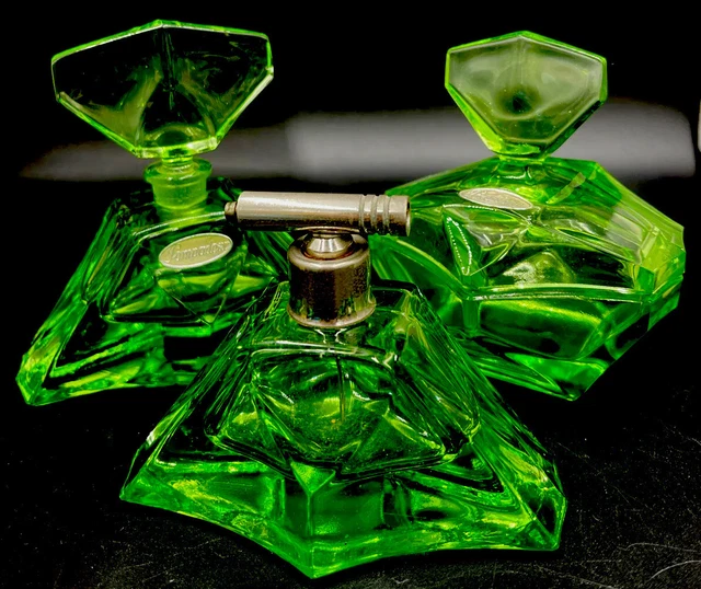 Vintage Art Deco POMPADOUR Uranium Glass Mens Vanity Set Powder, Cologne,Atomi
