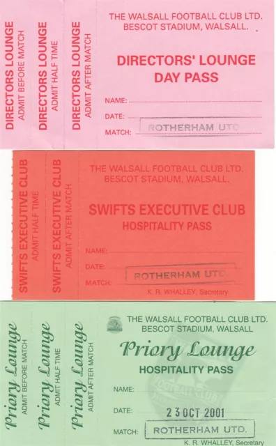 Ticket - Walsall v Rotherham United 23.10.01 (3 x Different Match Passes)