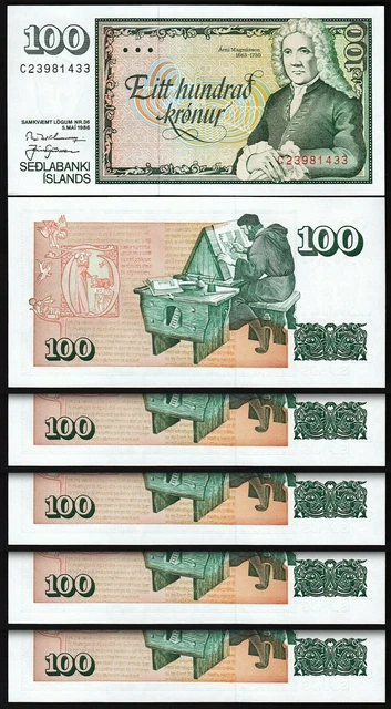 Iceland 100 Kronur 1961 1981 , UNC , 5 PCS LOT , Consecutive , P-50 , Sign 53