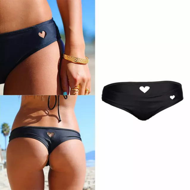 Sexy Womens Bikini Bottom Swimwear Brazilian Thong Heart Cut Out Bottoms Balck