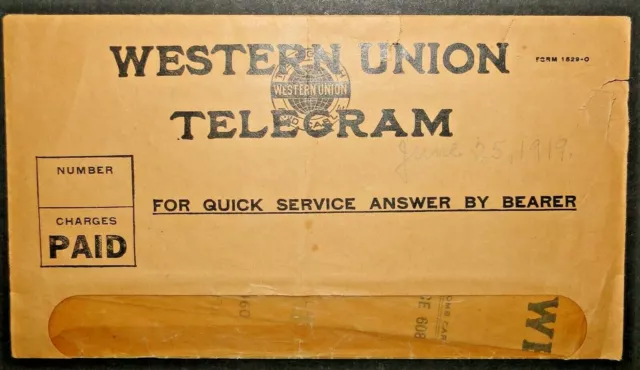 1919 Vintage Western Union Telegram W/ Envelope. (A5)