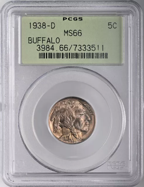 1938-D 5C Buffalo Nickel Gem Mint State Pcgs Ms66 #7333511 Ogh Old Green Holder!