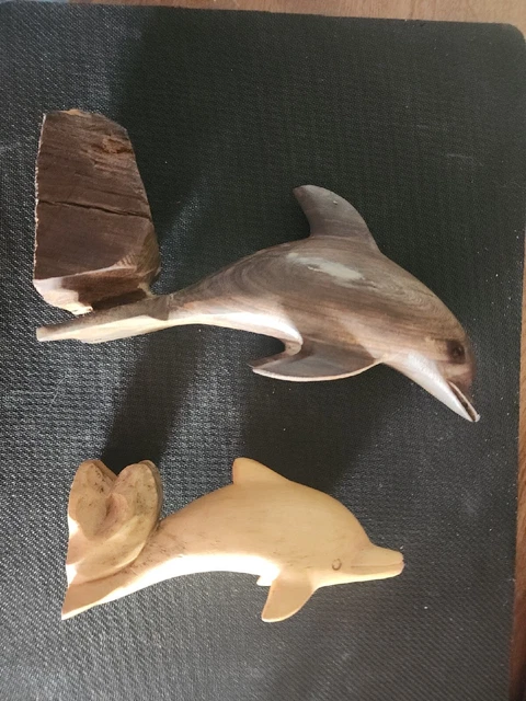2x Vintage  Wood Hand Professionally Carved Jumping Dolphin Statue Home Decor