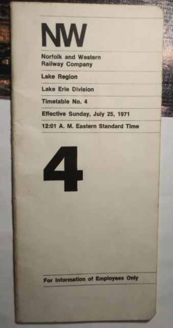 1971 Norfolk & Western Railroad Employee Timetable No 4 Lake Erie Division RR